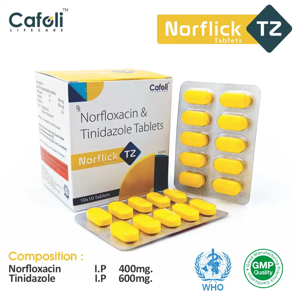 Norfloxacin + Tinidazole Tablet at the best price in PCD Pharma Franchise for Antibiotic and Bacterial and Protozoal Infection Treatment.